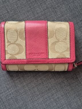 Coach Signature Canvas Wallet with Pink Leather Trim